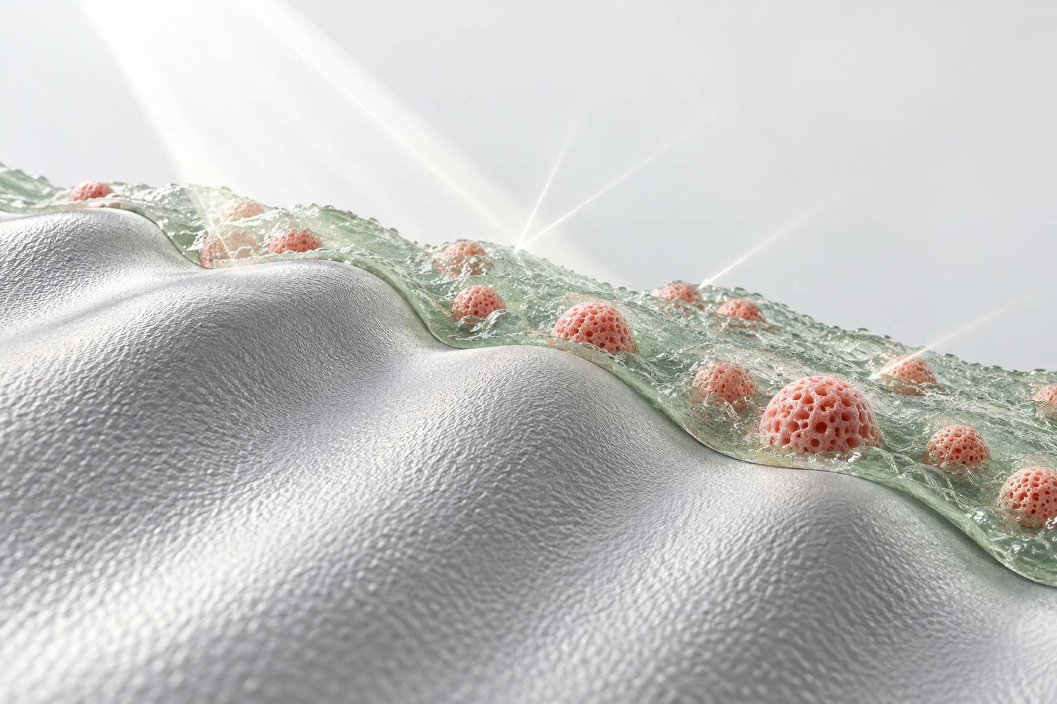 AI-generated concept of microtexture, a transparent film and particle interfaces; not experimental data